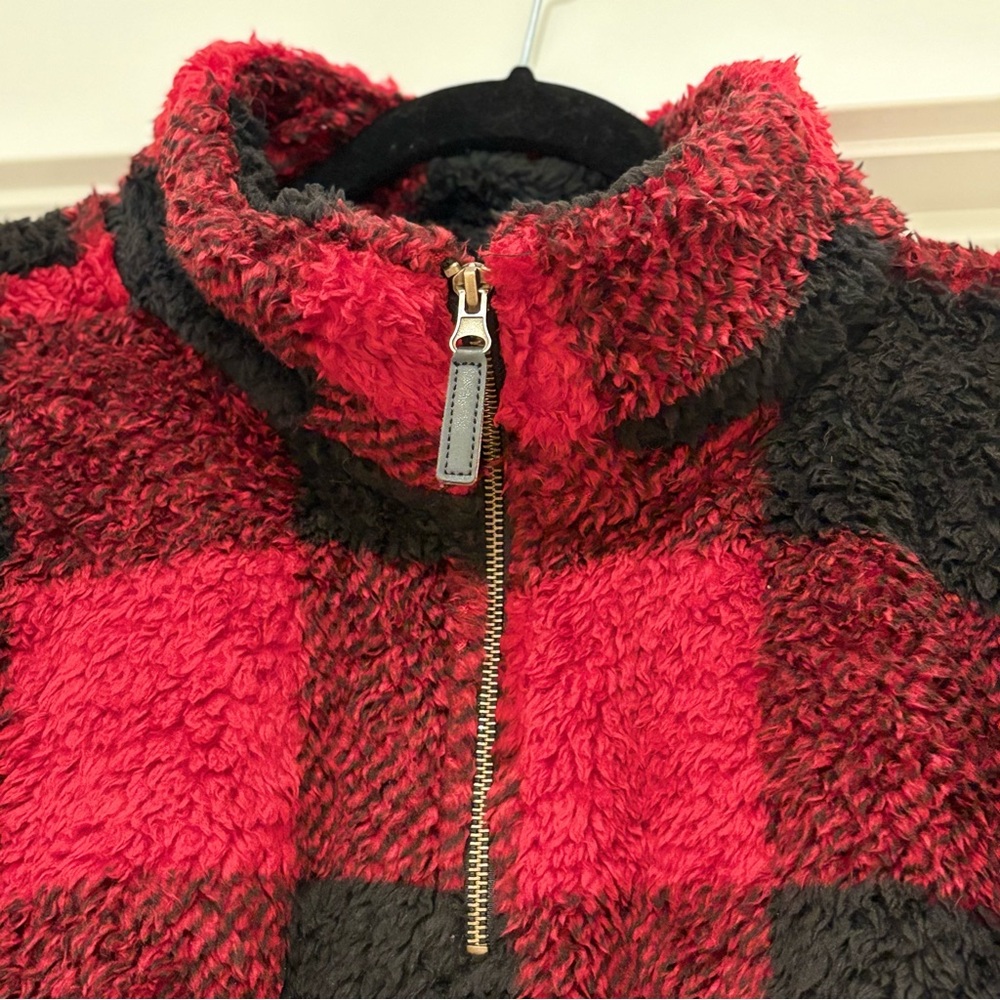 [Love Tree] Buffalo Plaid Sherpa Red/Black 1/4 Zip Pullover Sweater Women’s XL - Picture 5 of 10